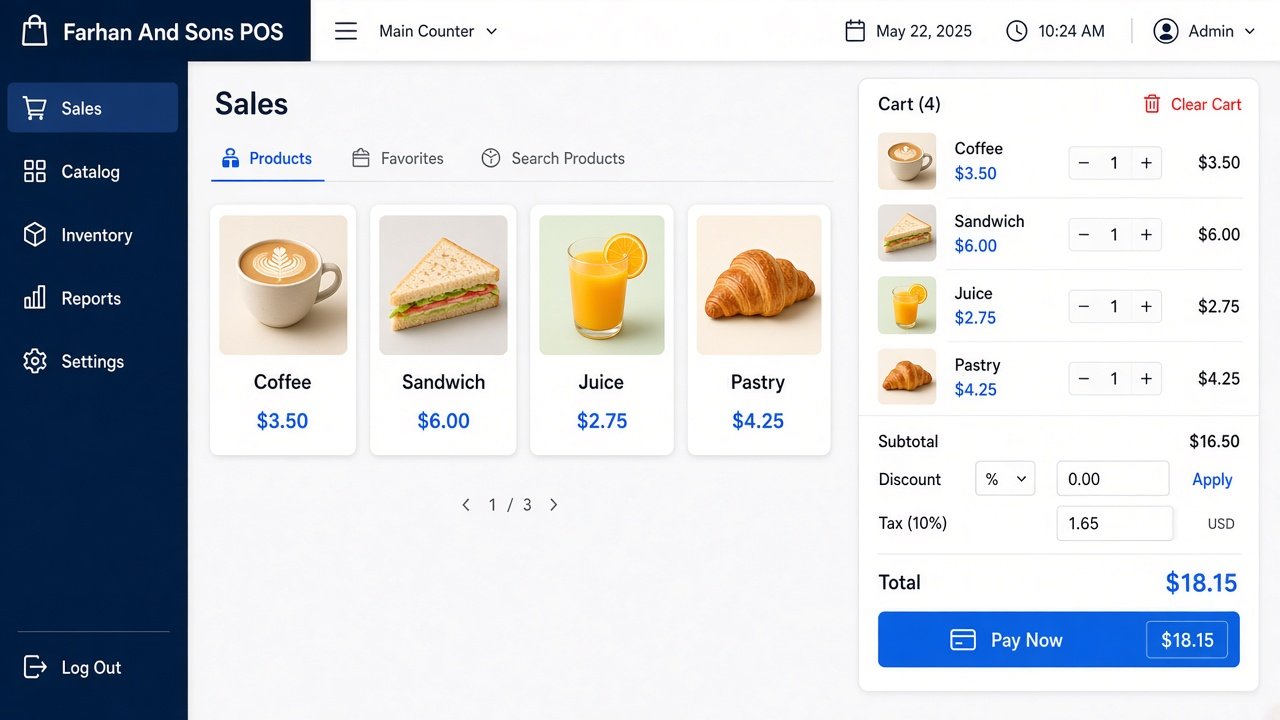 Farhan And Sons POS checkout screen showing product grid, live cart, and pay now controls